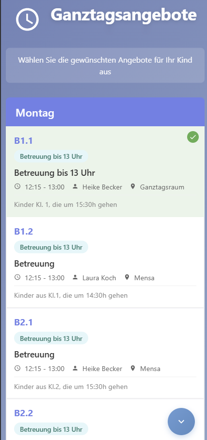 Online-Anmeldung Mobile - Eltern wählen Ganztagsangebote selbst aus