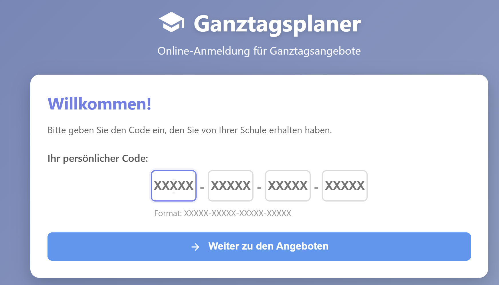 Online-Anmeldung Startseite - Einfacher Code-Eingabe